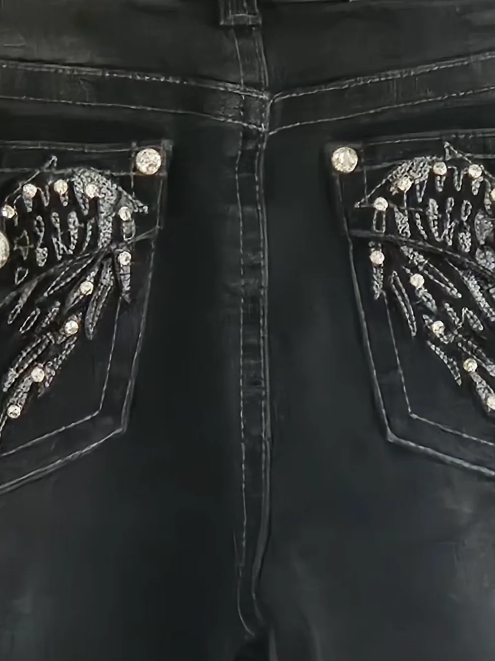 Fire & Rain Y2K Black Flare Jeans Angel Wing Rhinestone Pockets Size 11 - Picture 5 of 16